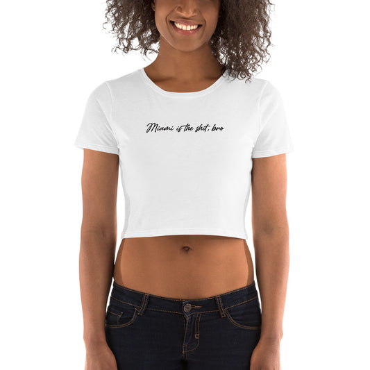 Miami is the Shit, Bro Short Sleeve Round Neck White Crop Top for Women